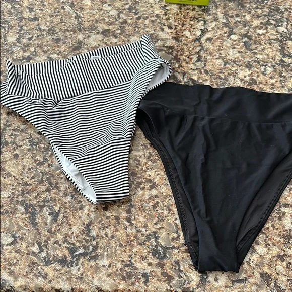 Striped and Solid Black Bikini Bottoms - Picture 1 of 2